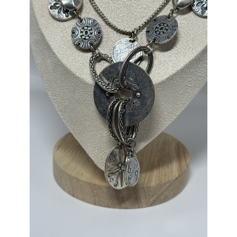 Vintage Bohemian Silver Toned Multi Layered Necklace Multi Charm Adjustable - Picture 3 of 6